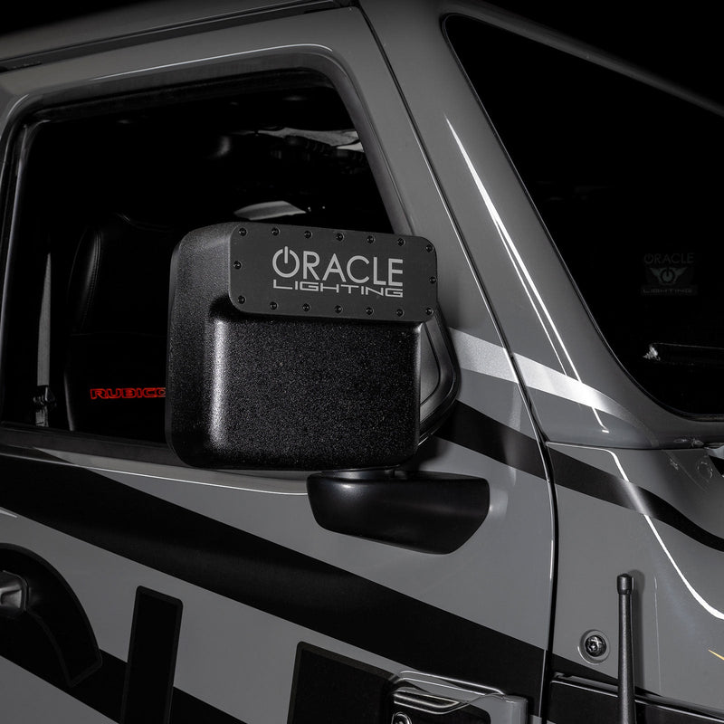 Load image into Gallery viewer, Close-up of LED side mirror with magnet cover installed on jeep wrangler