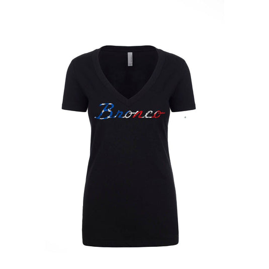 Ladies American Flag Bronco Script V-Neck T-shirt