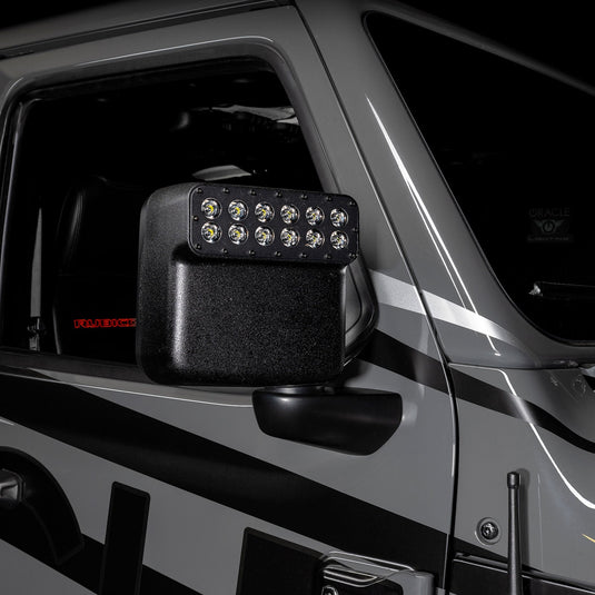 Close-up of LED side mirror installed on jeep wrangler